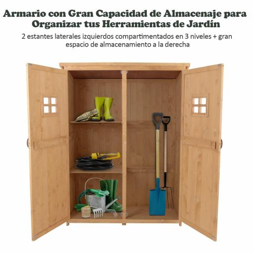 Armario de Madera para Exterior para Herramientas de Jardinería con Doble Puerta y Estantes 127,5x50x164 cm Natural [3]