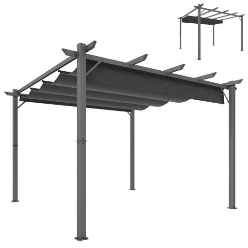 Pérgola de Jardín 3x3 m con Techo Retráctil Protección UPF30+ Drenaje Marco de Aluminio para Patio Exterior Gris Oscuro [9]