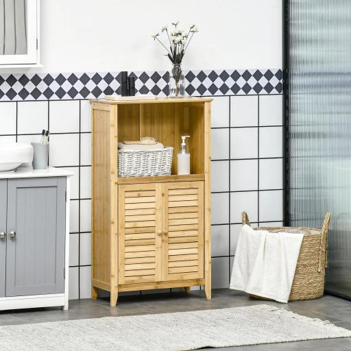 Armario Auxiliar de Baño de Bambú con 2 Puertas Compartimiento Abierto y Estante Ajustable 50x25,5x92 cm Natural