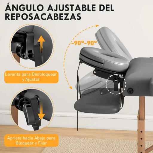 Camilla Masaje Plegable de Madera de 3 Zonas con Altura Respaldo Reposacabezas Ajustables Brazos 215x60x64-89 cm Gris [3]