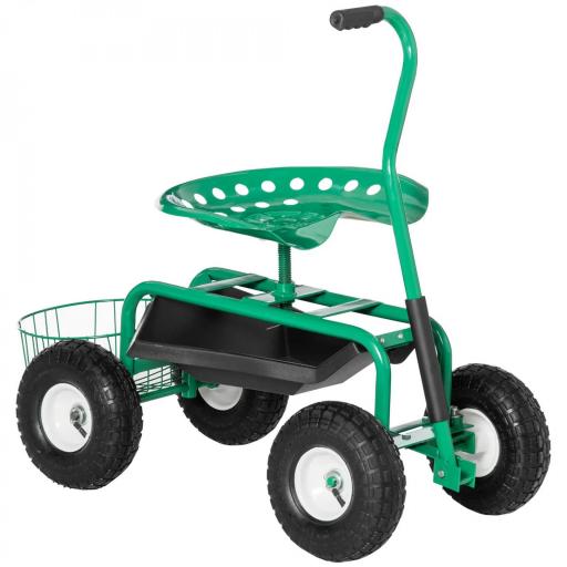 Asiento de Jardín con Ruedas Asiento Giratorio y Ajustable en Altura Bandeja de Herramientas Cesta para Exterior Verde [9]