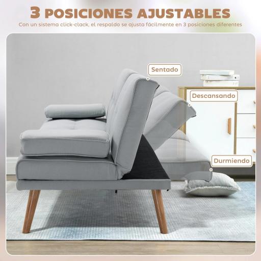 Sofá Cama 3 Plazas con Respaldo Ajustable de 3 Niveles Reposabrazos Desmontable 181x77x78 cm Gris Claro [6]