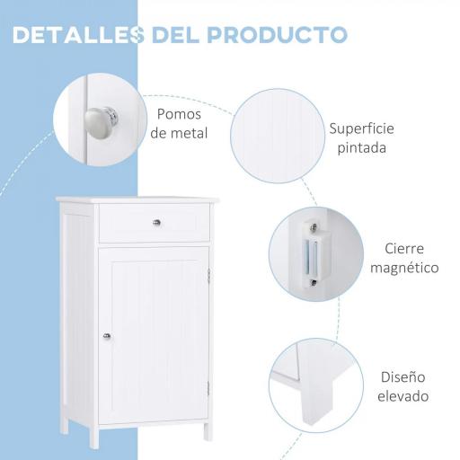 Armario de Baño con 1 Cajón 1 Puerta y Estante Ajustable Interior Mueble Auxiliar de Almacenaje 43x34x77 cm Blanco [3]