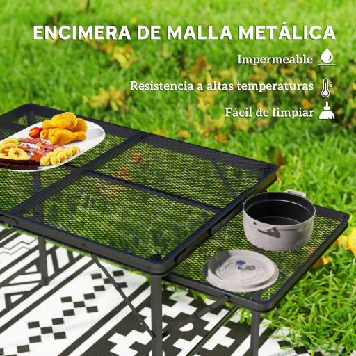 Mesa de Camping Plegable con Laterales Abatibles Altura Ajustable y Encimera Metálica de Rejilla 137x62x67 cm Negro [3]