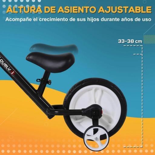 Bicicleta de Equilibrio con Pedales y Ruedas Entrenamiento Extraíbles de Asiento Regulable 33-38cm Niños +24 Meses Carga 25kg Negro [2]