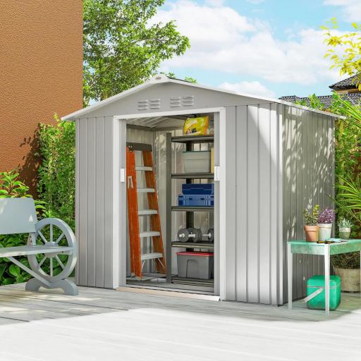 Caseta de Jardín 213x130x185 cm con Puertas Correderas y Claraboya para Almacenamiento de Herramientas Gris Plata