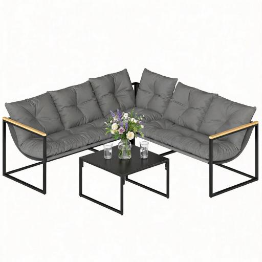 Conjunto de Jardín Exterior con Cojines Gruesos 2 Sofás de 2 Plazas Sofá de Esquina y Mesa de Centro de Vidrio Gris [8]