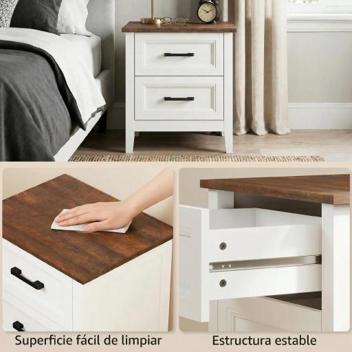 Mesilla de Noche con 2 Cajones Estilo Rústico Mesita para Salón Dormitorio 45x30x50 cm Blanco [4]