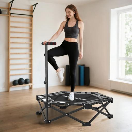 Trampolín de Fitness Plegable 104 cm con Barra Ajustable en 3 Alturas Marco Metálico Reforzado y Bolsa 104x104x114 cm