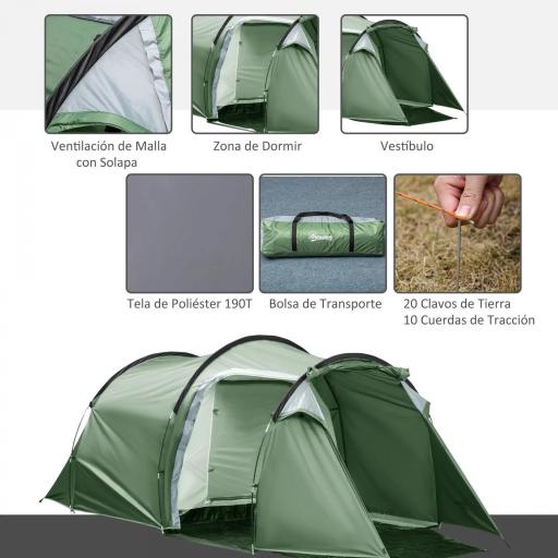 Tienda de Campaña Familiar 2-3 Personas Plegable Impermeable a Prueba de UV 20+ con Vestíbulo 426x206x154 cm Verde [2]