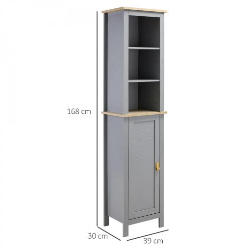 Armario Alto de Baño Moderno Mueble Columna de Baño con 1 Puerta Estante Ajustable y 3 Compartimentos 39x30x168 cm Gris [1]