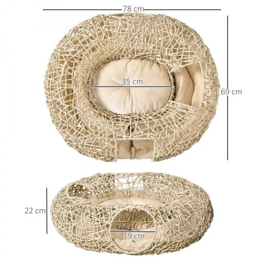 Cama para Gatos de Ratán 78x69x22 cm Cesta para Gatos Rolliza con Cojín Suave 3 Orificios de Acceso Túnel para Gatos Madera Natural [1]