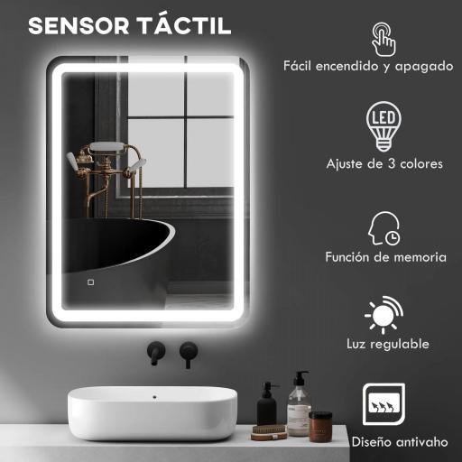 Espejo de Baño con Luces LED 60x80 cm Espejo de Pared Antivaho con 3 Temperaturas de Color Regulable Función de Memoria [3]