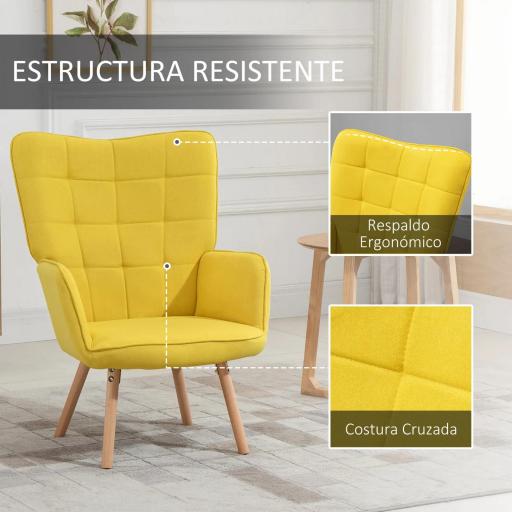 Sillón Individual con Respaldo Alto Reposabrazos Tela de Lino y Patas de Madera para Comedor Cocina 71x76x101cm Amarillo [5]