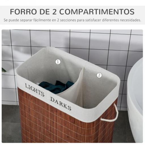Cesto para Ropa Sucia de Bambú Capacidad de 100L Cesta para la Colada Rectangular con Tapa Extraíble Bolsa de 2 Compartimentos 52x32x63 cm Marrón [6]