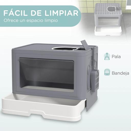 Arenero para Gatos Cubierto con Pala Cepillo 2 Puertas Entrada Principal y Salida Superior 48,5x38x36,5 cm Gris [5]