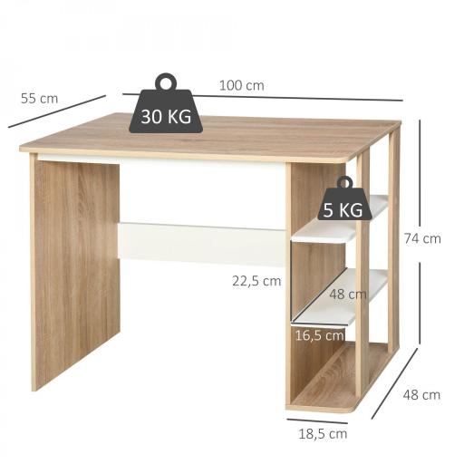 Mesa de Escritorio 2 en 1 con Estante de 3 Niveles Gran Superficie Espacio Almacenaje Amplio Mesa de Oficina Dormitorio Estudio 100x55x74 cm Madera [1]