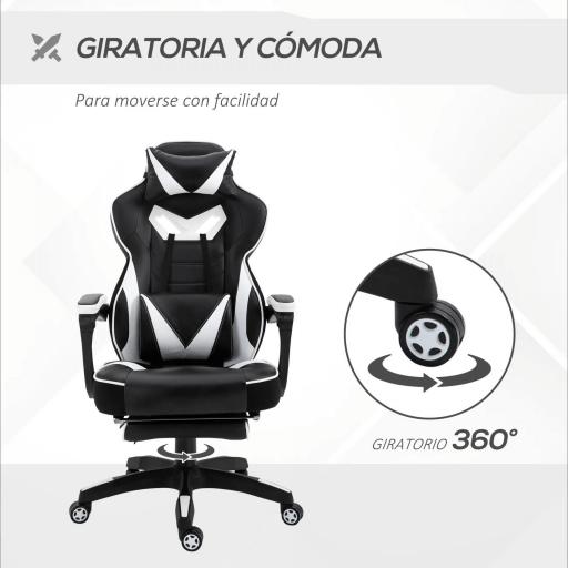 Silla Gaming Ergonómica Silla de Escritorio de Oficina Regulable en Altura Reclinable Respaldo con Reposapiés Reposacabezas Cojín Lumbar Ruedas 65x70x118,5-128,5 cm Blanco [3]