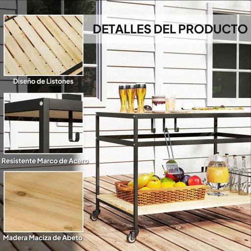 Camarera con Ruedas de Madera con 2 Estantes 3 Ganchos Encimera de Listones y Asa 107x65x80 cm Natural [3]