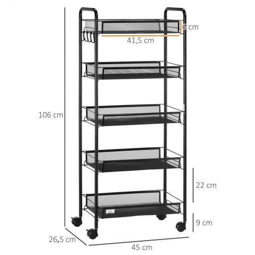 Carrito Auxiliar con Ruedas de 5 Niveles con Cestas de Malla Extraíbles y Marco de Acero 45x26,5x106 cm Negro [1]