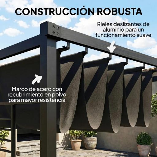 Pérgola de Jardín 4x3 m con Techo Retráctil 2 Paneles de Privacidad UPF50+ Cenador de Jardín para Patio Exterior Gris [4]