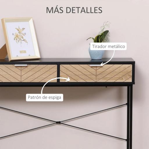 Mesa de Consola Estrecha con 2 Cajones Diseño de Líneas Talladas Estilo Moderna Negro y Roble [4]