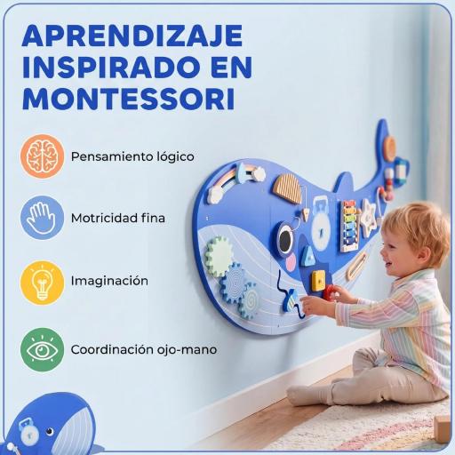 Tablero Sensorial Montessori Tema Ballena Busy Board Panel Sensorial Montessori 13 en 1 para Niños +2 Años Azul [3]