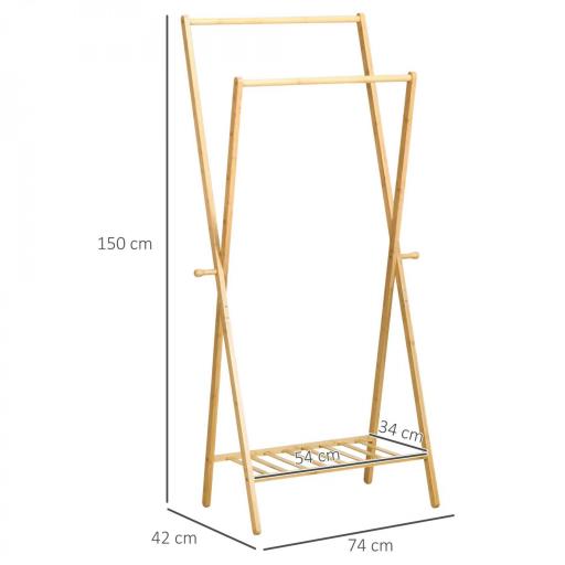 Perchero de Pie de Bambú con Estante para Zapatos 2 Barras y 2 Ganchos para Dormitorio Entrada 74x42x150 cm Natural [1]