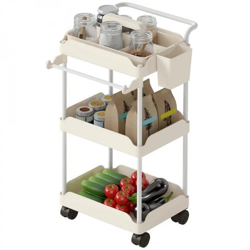 Carrito Auxiliar con Ruedas de 3 Niveles Carrito de Cocina con Cestas Extraíbles y Soporte para Toallas Blanco [8]