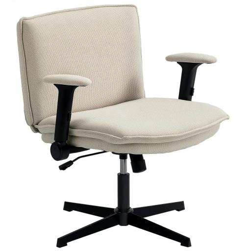 Silla de Oficina Piernas Cruzadas con Reposabrazos Abatible Asiento Ancho sin Ruedas Altura Ajustable Giratoria Crema [8]
