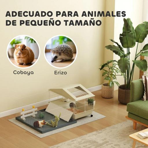 Jaula para Animales Pequeños con Corral Desmontable Cuenco Botella de Agua y Dispensador de Heno 108x71x57 cm Beige [3]