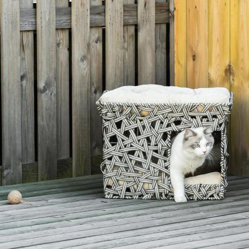 Cesta de Ratán para Gatos de 2 Pisos Cueva Cama de Gato Tipo Caseta con 2 Cojines Suaves Estructura de Metal 51x42x37 cm Gris y Beige