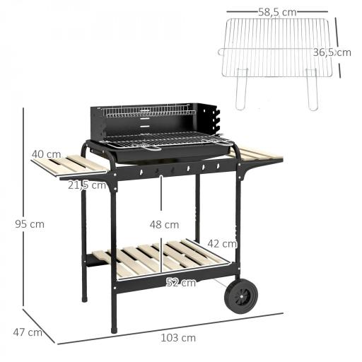 Barbacoa de Carbón con Ruedas Parrilla Ajustable en Altura Estantes y 6 Ganchos 103x47x95 cm Negro [1]