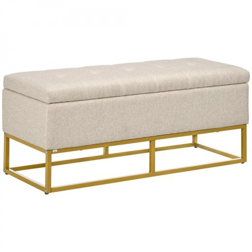 Banqueta con Almacenamiento Banco Rectangular Tapizado en Lino con Tapa Abatible y Patas de Acero 110x44x48 cm Beige [9]