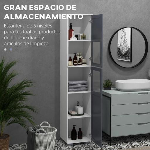 Armario Alto de Baño Mueble Columna de Baño con 2 Puertas de Vidrio Templado y Estantes Ajustables 37x35x190 cm Blanco y Gris [2]
