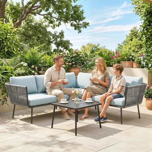 Conjunto de Muebles de Ratán de Exterior Sofá de Esquina con Cojines y Mesa de Centro para Terraza Patio Azul Claro [6]