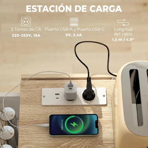 Isla de Cocina con Encimera Extensible Estación de Carga Ruedas 2 Puertas 3 Cajones Especiero y Toallero Blanco [4]