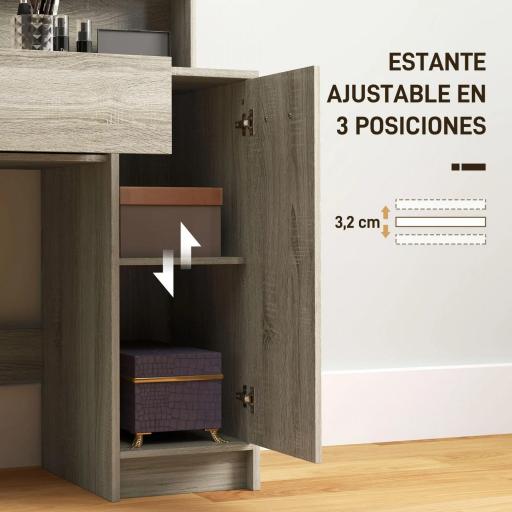 Tocador de Maquillaje con Taburete Espejo Estantes Abiertos Cajón y Estante Ajustable Anti-vuelco Natural y Beige [3]
