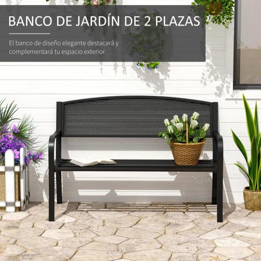 Banco Exterior de Jardín de 2 Plazas Banco para Terraza con Respaldo de Malla de Acero Carga 240 kg 127x60x87 cm Negro [2]