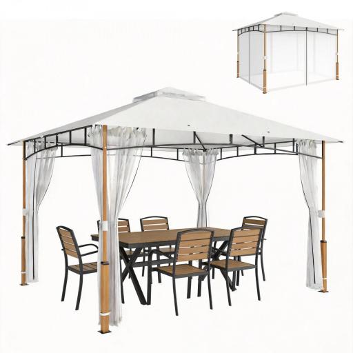 Carpa para Jardín con Techo Doble Cenador con Paredes de Malla UPF50+ para Exterior Terraza 360x300x275 cm Crema y Teca [8]