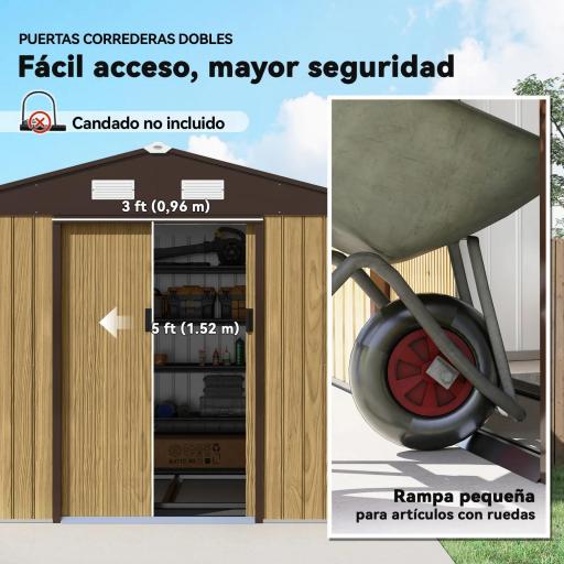Cobertizo de Jardín Exterior 4,9 m² 277x195x192 cm con Puerta Corredera Ventilación y Kit de Fundación Marrón [3]
