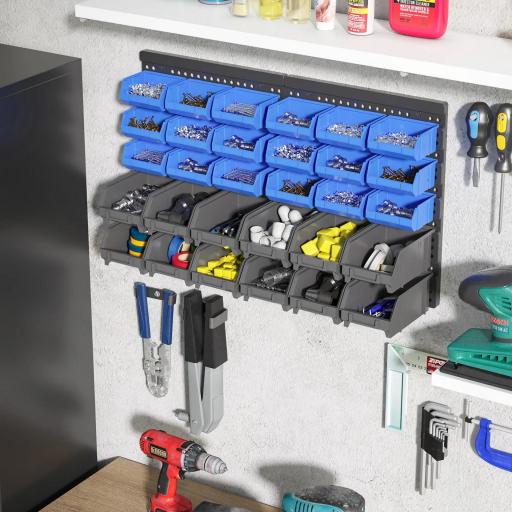 Estantería de Pared para Herramientas de 33 Piezas 63x18x37,5 cm con 30 Cajas Desmontable y 2 Paneles Azul y Gris [2]