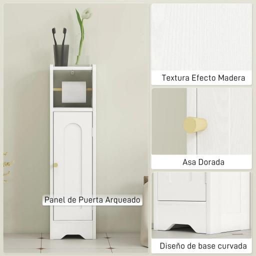 Armario de Baño Estrecho Mueble Auxiliar de Baño con Estante Ajustable y Portarrollos de Papel 21x20x79 cm Blanco [6]