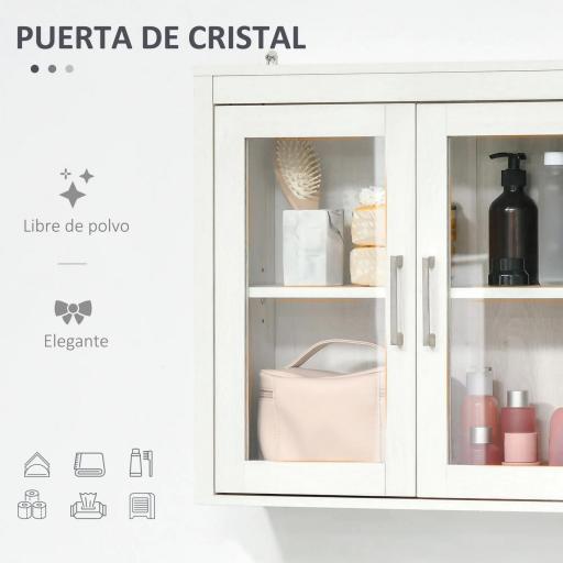 Armario de Baño de Pared con Puertas de Vidrio y Estante Ajustable Mueble Colgante Moderno 60x19,5x54 cm Blanco [6]