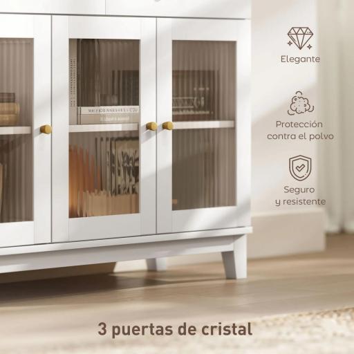 Aparador para Salón Moderno con 3 Puertas de Vidrio Estriado 2 Cajones y Estantes Ajustables 100x35x80,3 cm Blanco [4]