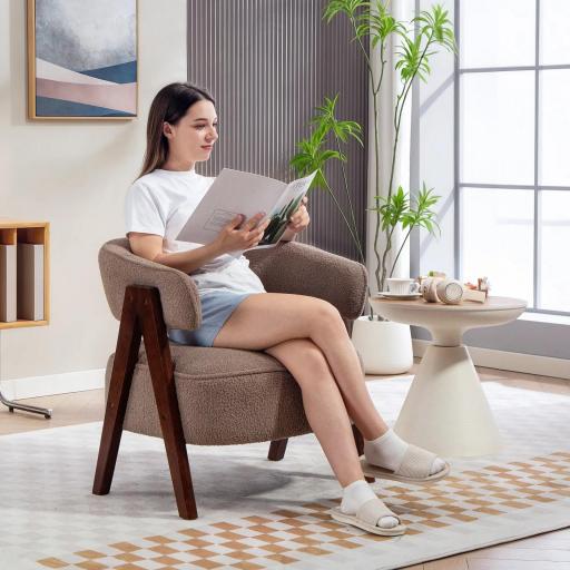 Butaca de Salón Tapizada en Borreguito Acolchada Gruesa Patas de Madera Respaldo Curvado 70x64x71 cm Marrón Claro [6]