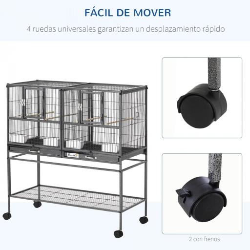 Jaula para Pájaros con Ruedas Pajarera Doble con 2 Bandejas Múltiples Puertas 4 Comederos 4 Perchas 95x45,5x102 cm Gris [4]