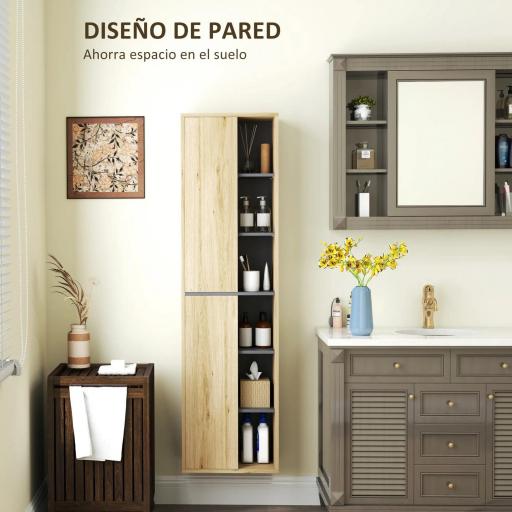 Columna de Baño de Pared Armario de Baño con Compartimentos Abiertos y 2 Puertas 40x24x141,5 cm Natural [5]