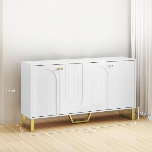 Aparador con 4 Puertas Arqueadas Estantes Ajustables y Patas Doradas 140,8x35x77,5 cm Blanco [1]