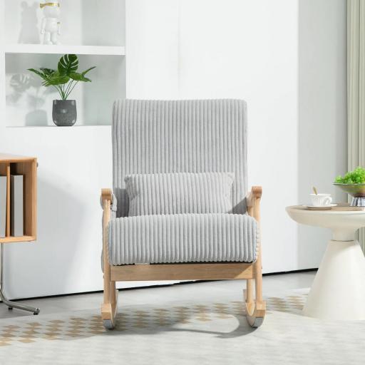 Silla Mecedora de Pana con Patas y Reposabrazos de Madera de Caucho Cojín Lumbar y Bolsillo Carga 120 kg Gris [6]